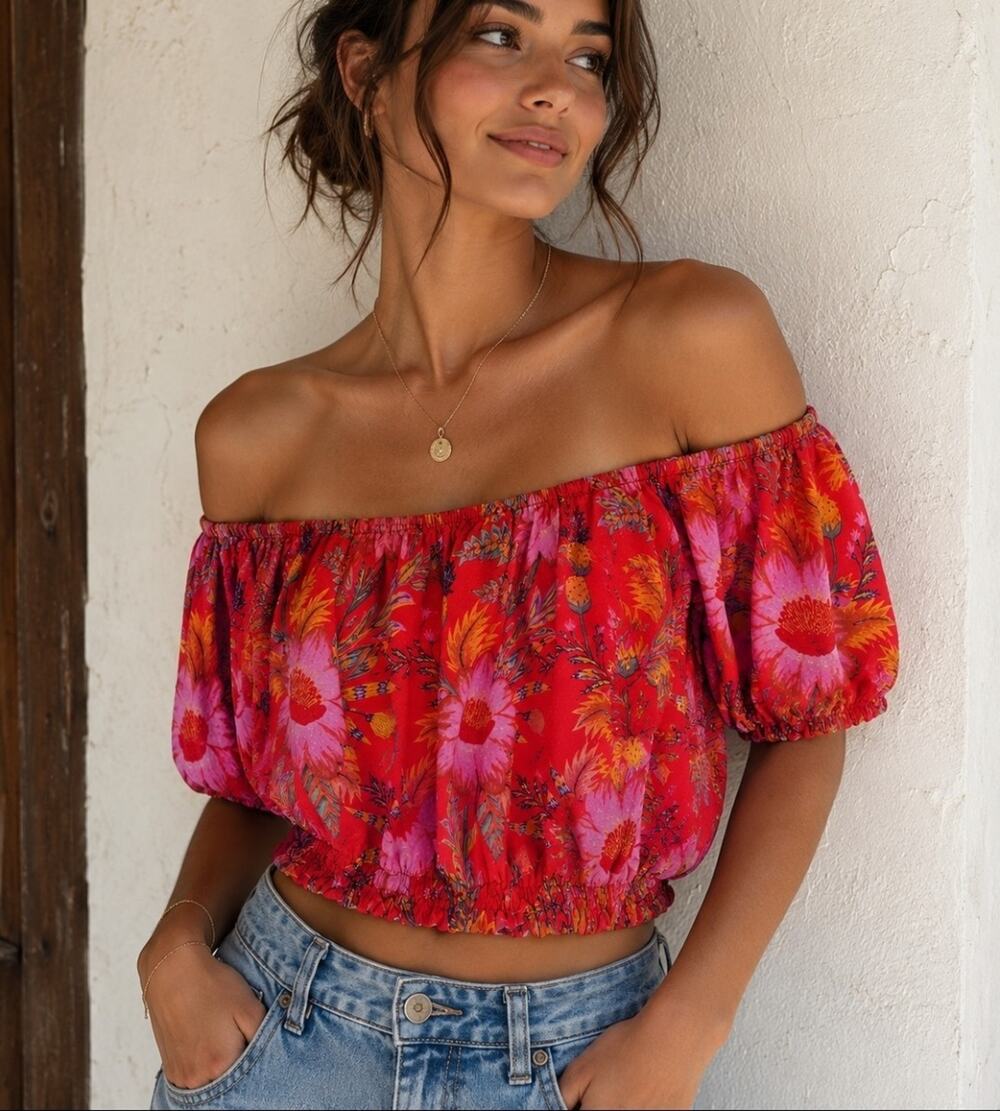 Rachel Roy Sz XS Red Floral Pineapple Puff Sleeve Off Shoulder Cropped Blouse